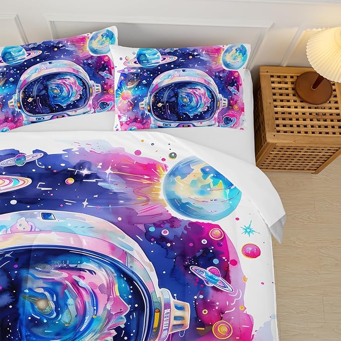 Kids Pink and Blue Astronaut Galaxy Comforter Set Full，Outer Space Themed Full Size Bedding Set，with 1 Comforter with 2 Pillow Case，Astronaut Bedroom Decor for Boys