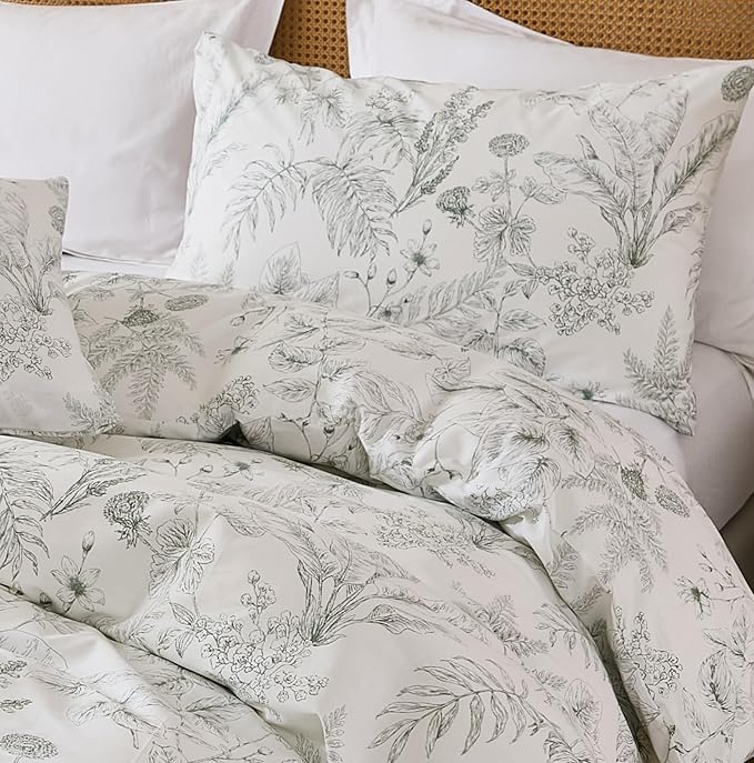 Duvet Cover Set Queen Size 100% Nature Cotton Reversible Botanical Queen Duvet Cover Set 3 Pieces Soft & Breathable Bedding Set with Zipper Closure & Corner Ties