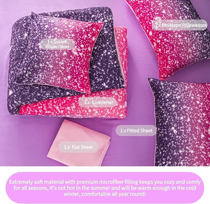 RYNGHIPY 6Pcs Twin Gradient Pink Purple Glitter Comforter Sets for Teens Girls Kids, Colorful Rainbow Glitter Themed Bedding Set