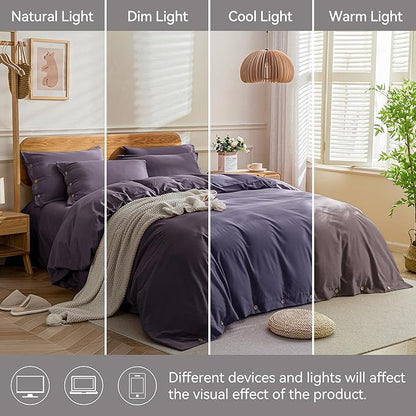 JELLYMONI Cotton Duvet Cover Full Size - Purple Comforter Cover with Button 100% Washed Cotton 3PCS Breathable Soft Solid Bedding Set Duvet Cover 80×90in & 2 Pillowcases (NO Comforter)