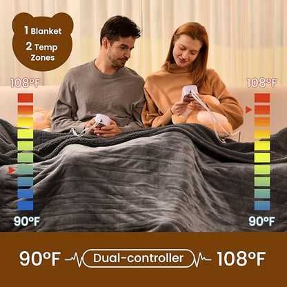 Bearhug Electric Blanket Queen Size 84" x 90", Dual Controllers Grey Heated Blanket, Velvet & Sherpa, 10-Heating Level & 1-12H Auto Off, Over-Heat Protect, ETL, Machine Washable