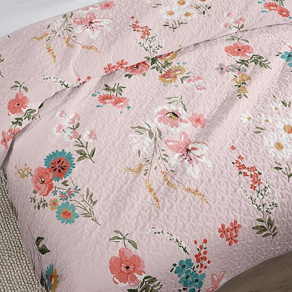 QOOMO Floral Quilt Set Full/Queen Size,Flower Bedspread Coverlet Set,Flower 3Pcs Bedding Set Printed Quilt with 2 Pillowcases,Soft and Lightweight,for All Seasons
