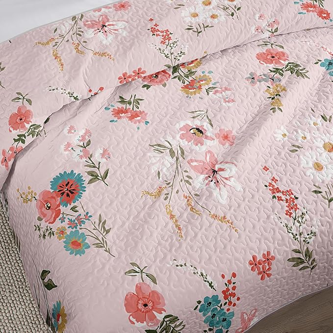 QOOMO Floral Quilt Set King Size,Flower Bedspread Coverlet Set,Flower 3Pcs Bedding Set Printed Quilt with 2 Pillowcases,Soft and Lightweight,for All Seasons