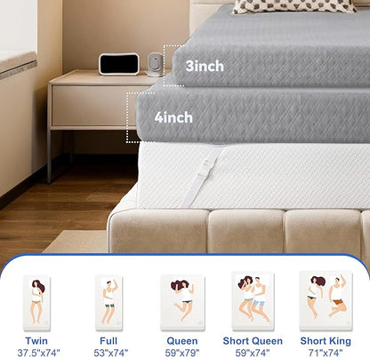 Vipbear Queen Size 3 Inch Mattress Topper, Cooling Gel Memory Foam with Bamboo Fiber Cover, Medium Firm Spine Support