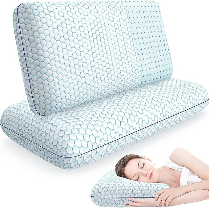 Memory Foam Pillows for Side, Back and Stomach Sleepers, Set of 2, Bed Pillow with Washable Cover and Breathable Mesh, Bed Pillow for Sleeping (Blue，Queen Size)