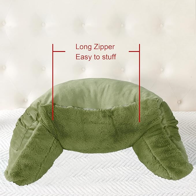 Faux Fur Assembly Need DIY Extra Large Backrest Reading Bed Rest Pillow with Arms and Pockets for Sitting in Bed Couch Sofa, Removable Cover & Filling Seprated, 28" x 30" x17", Moss Green