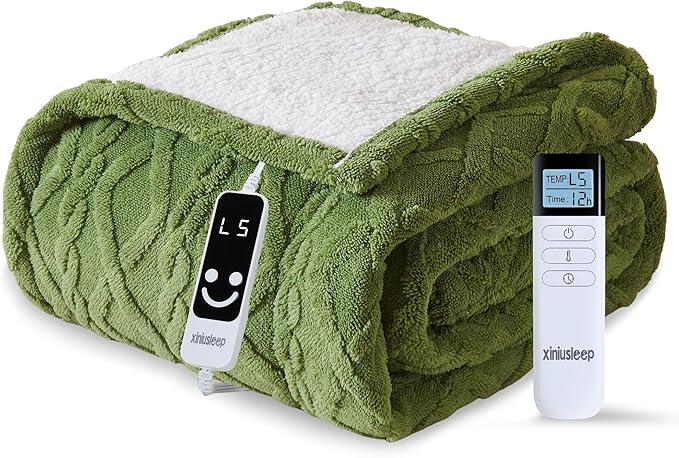Heated Blanket Electric Blanket 62"x84", Soft Taffeta Sherpa Electric Throw with 5 Heating Level & 1-12 Hour Auto Off, Heated Throw with Overheating Protection, Machine Washable(Dark Green)