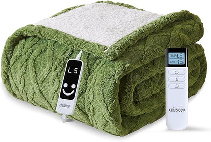 Heated Blanket Electric Blanket 50"x60", Soft Taffeta Sherpa Electric Throw with 5 Heating Level & 1-12 Hour Auto Off, Heated Throw with Overheating Protection, Machine Washable(Dark Green)