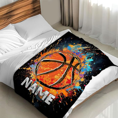 Personalized Basketball Blanket Gifts with Name, 50x40 Inches Sports Throw Blanket for Basketball Lover Kids Teens, Black Soft Fuzzy Blankets for Couch Sofa Bed