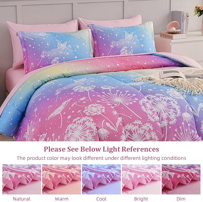 Menghomeus Girls Comforter Set Full Size 7 Pieces Bed in A Bag Ombre Pink Rainbow Bedding Set Dandelion Butterfly Print Kids Bedding Collections