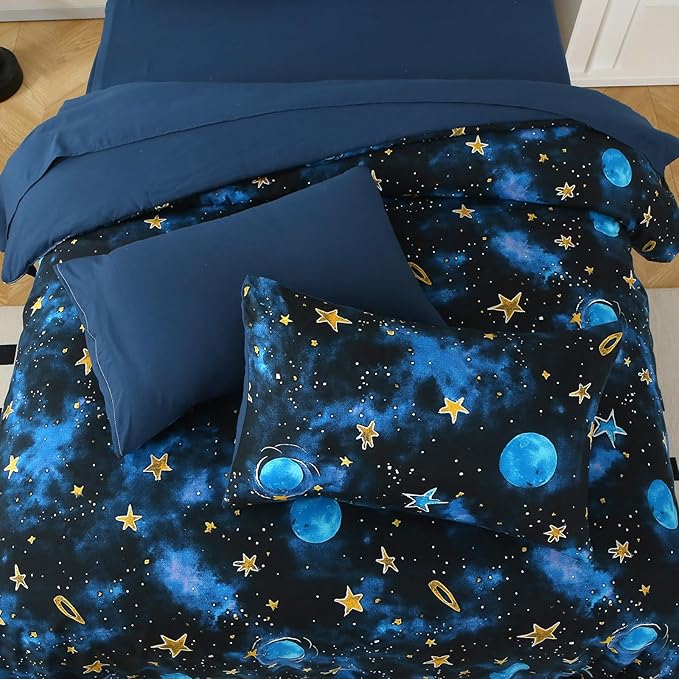 Glow in The Dark Kids Comforter Set， 4 Pieces Blue Space Bedding Set Full Size for Boys Girls Teen, 1 Comforter, 1 Pillowcase, 2 Pillow Shams