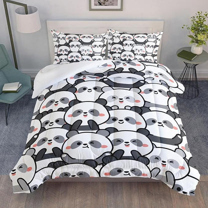 Kawaii Cartoon Black White Panda Bedding Animal Themed Comforter 3Pcs Twin Bear Pattern Bedding Set for Kids Teens Girls Boys Bed Decor Emoticon Panda Quilt with 1 Comforter and 2 Pillowcases
