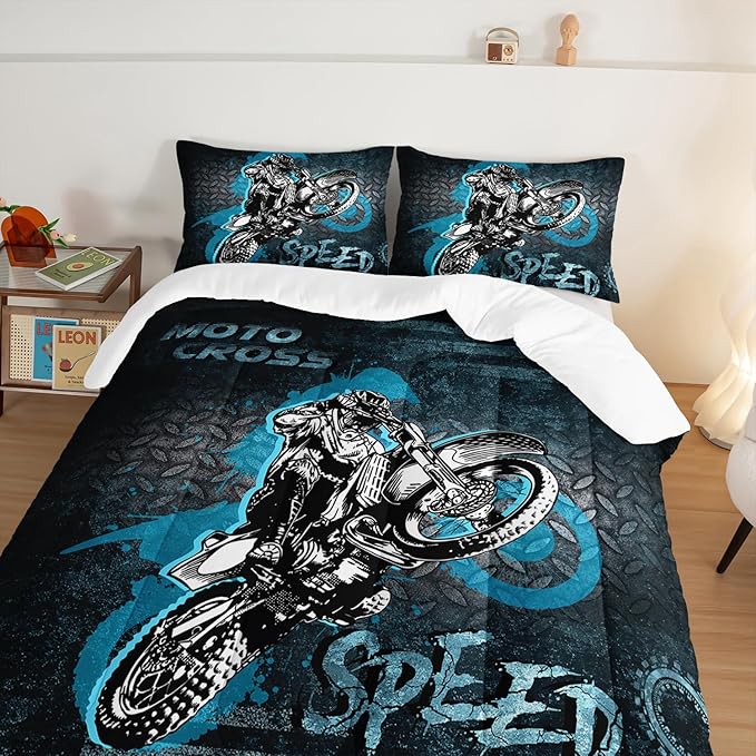 HOSIMA Dirt Bike Comforter Motocross Rider Bedding Set for Race Car Bed,American Flag Motorbike Comforter Full Size Extreme Sport Bedding Set for Boys Teens Mens Bedroom Essentials.