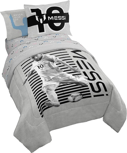 Jay Franco Kids Comforter Set Includes Sheets and Pillow Cover - Soft and Cozy Bed Set for Stylish Room Décor, Grey - Lionel Messi, 7 Piece Full