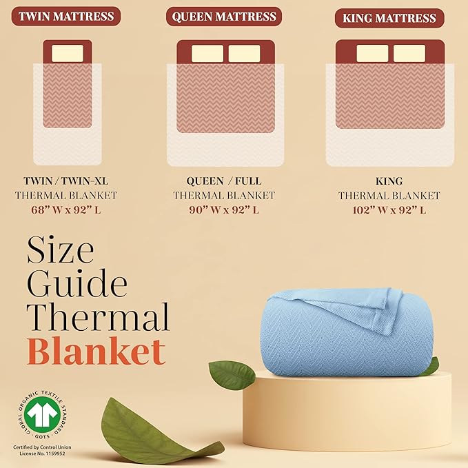 Mayfair Linen 100% Pure Cotton, Luxury Full/Queen Size Light Blue Blanket - Herringbone Pattern, Soft &Cozy Premium Fall Throw Bed Blanket for All Seasons, 350GSM & 90x92 with Free Tote Bag