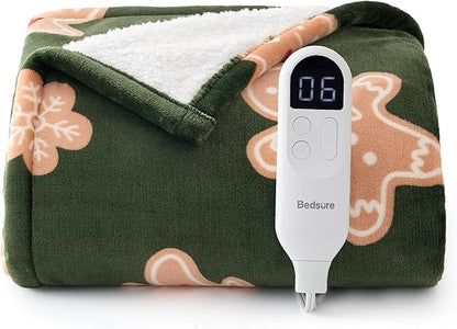 Bedsure Heated Blanket Throw - Flannel Sherpa Electric Blanket with Gingerbread Pattern, for Grandma, Heated Throw with 6 Heating Levels, 4 Time Settings, 3-Hour Auto-Off (50"x60")