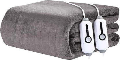 Electric Heated Blanket 90"x100" King Size - 4 Heat Settings & Dual Controllers, 10H Auto Shut Off, Ultra-Soft Coral Fleece Heated Blanket with Overheat Protection, Light Grey