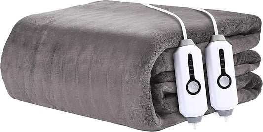 Electric Heated Blanket 90"x100" King Size - 4 Heat Settings & Dual Controllers, 10H Auto Shut Off, Ultra-Soft Coral Fleece Heated Blanket with Overheat Protection, Light Grey