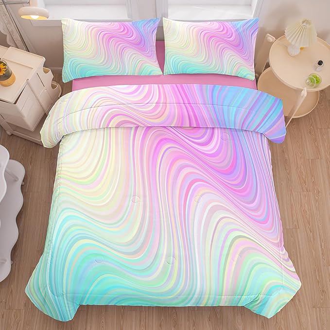 Bodhi Bed in A Bag for Kids Bedding Sets with Sheets,Pink Queen Size Comforter Set for Girls,Girls Bedding Sets 5 PCS (1 Comforter, 1 Flat Sheet, 1 Fitted Sheet, 2 Pillowcases)