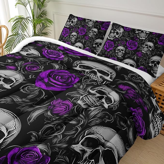 Sugar Skull Queen Size Comforter Set Floral Bedding Set,Gothic Skull Bedding Set for Boys Girls,Skeleton Bone Rose Blossoms Print Halloween Quilt Set,Horror Comforter Set for Bedroom Decor