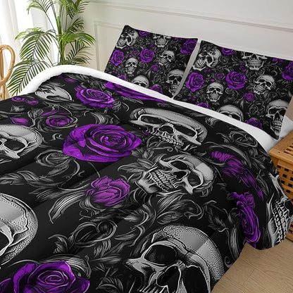 Sugar Skull Full Size Comforter Set Floral Bedding Set,Gothic Skull Bedding Set for Boys Girls,Skeleton Bone Rose Blossoms Print Halloween Quilt Set,Horror Comforter Set for Bedroom Decor