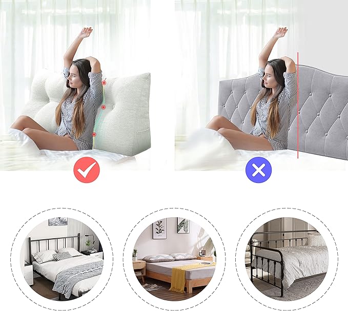 Wedge Headboard Pillow Dorm Room Reading Pillow Back Support for Sitting Up in Bed Bolster Lumbar Cushion Body Positioning Bedrest Cotton Linen 76in Grey-Beige King