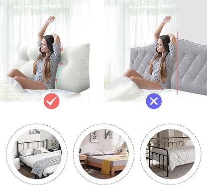 Wedge Headboard Pillow Dorm Room Reading Pillow Back Support for Sitting Up in Bed Bolster Lumbar Cushion Body Positioning Bedrest Cotton Linen 76in Grey-Beige King