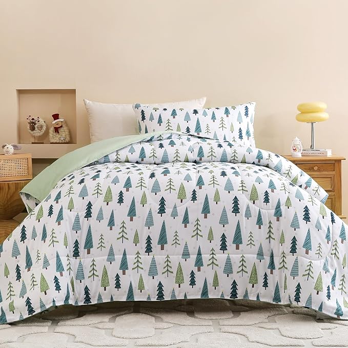 Twin Comforter Set for Kids, Boys, Girls, 4 Pieces Bed-in-a-Bag Bedding Set, All Season Ultra Soft Sheets Set with Comforter, Winter Forest