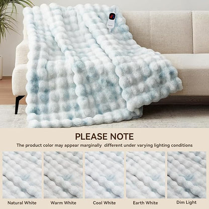 Heated Blanket Throw with 1/2/4/6/8 Hours Auto-Off 10 Heat Level, 50'' * 60'' Cozy Faux Rabbit Fur Bubble Electric Blanket with Overheat Protection(Blue)
