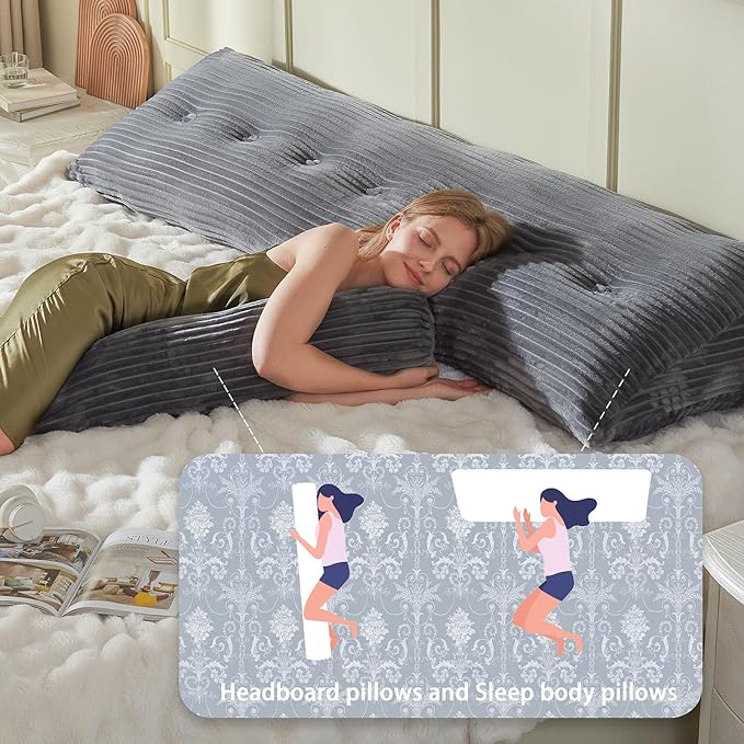 Headboard Wedge Pillow + A Long Neck Roll Pillow Body Pillow，Large Headboard Pillow with Removable Cover (Gray, Twin：39x8x20 inches)