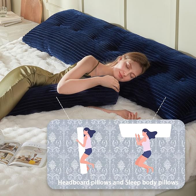 Headboard Wedge Pillow + A Long Neck Roll Pillow Body Pillow，Large Headboard Pillow with Removable Cover (Blue, King：76x8x20 inches)