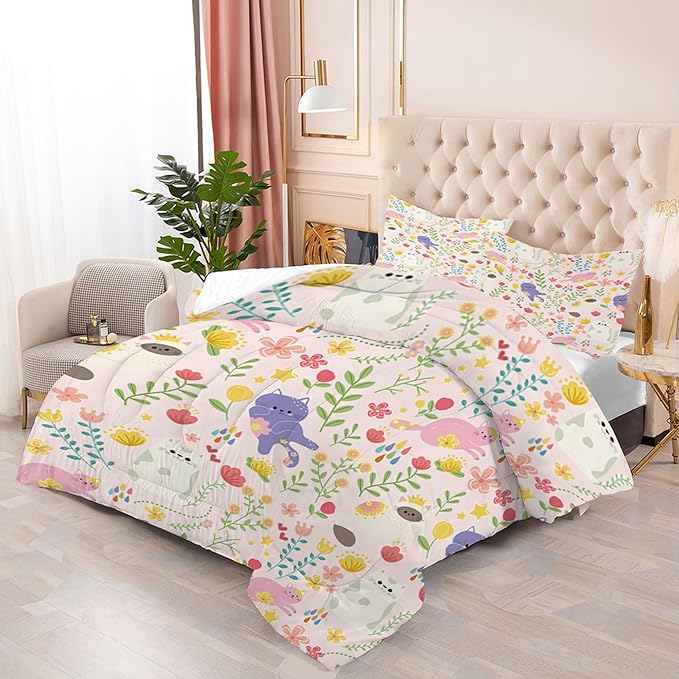 Floral Cat Comforter Set: King Size Pink Purple Cats Print Bedding Set Cartoon Colorful Flower Kitten Quilts for Women Adults Teen Girls 3 Piece Bed Sets