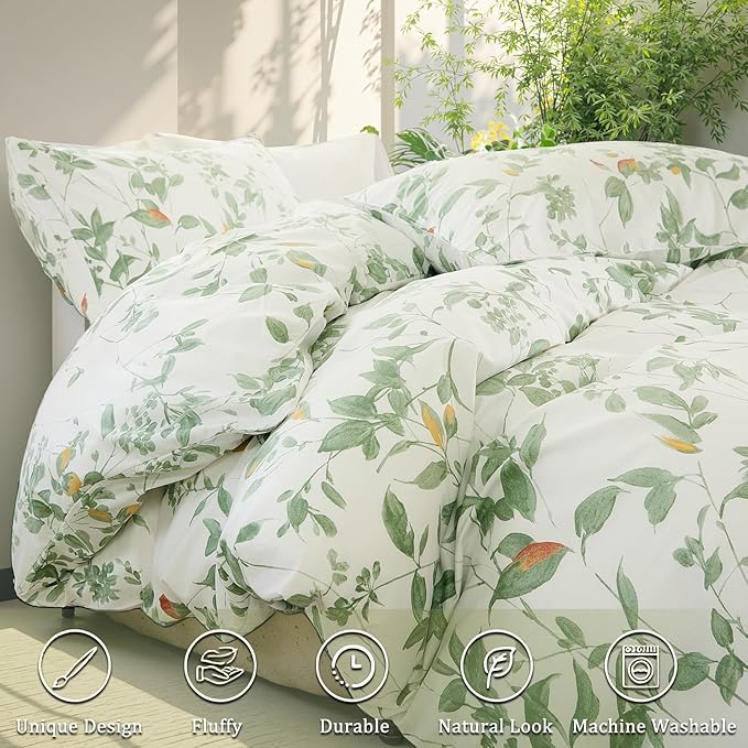 Floral Duvet Cover Queen Size 100% Cotton Reversible Green Floral Duvet Cover Set with Zipper Closure 3 Pcs Green Leaf Soft & Breathable Bedding Comforter Cover