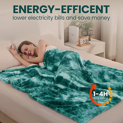Electric Heated Throw Blanket 50"x60",Luxury Green Faux Rabbit Fur Electric Throw Blanket,Fast Heating Soft Fluffy Thick Electric Blanket with 6 Heating Levels & 12H Auto Off