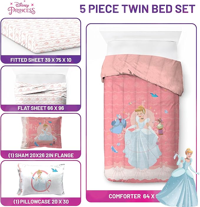 Jay Franco Kids Comforter Set Includes Sheets and Pillow Covers - Soft and Cozy Bed Set for Stylish Room Decor, Pink - Princess Cinderella, 5 Piece Twin Size Bedding