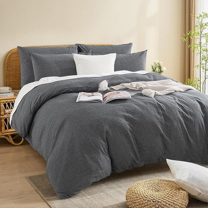 NEXHOME PRO Duvet Cover Twin 100% Washed Cotton, Organic Natural Linen Like Textured Breathable Durable Bedding Set Heather Black 6890