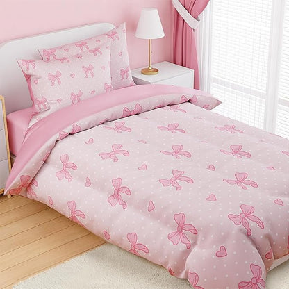 SANDJEST Bow Comforter Set Twin Size 68x86in for Kids Girls, Microfiber 3 Pcs Bedding Set Includes 1 Comforter, 1 Pillowcase, 1 Fitted Sheet, Nursery Room Decor