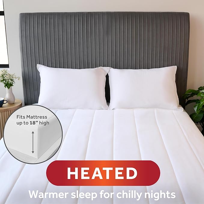 Sunbeam Electric Restful Quilted Heated Mattress Pad Twin 75" x 39" 12 Heat Settings 12-Hour Auto Shut-Off Extra-Cozy Fabric Deep Pocket Fit Machine Washable
