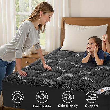 OLANLY California King Mattress Topper, Viscose Made from Bamboo, Cooling Soft Pillow Top Mattress Pad for Back Pain Relief, Plush Down Alternative Fill Bed Topper with Elastic Deep Pocket, Dark Gray