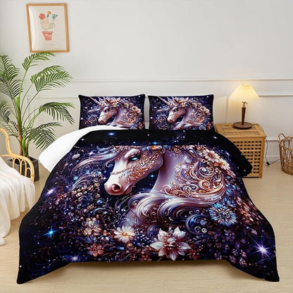 Black Unicorn Comforter Set Full Size，Unicorn Floral Full Bedding Set for Girls，with 1 Comforter with 2 Pillow Case