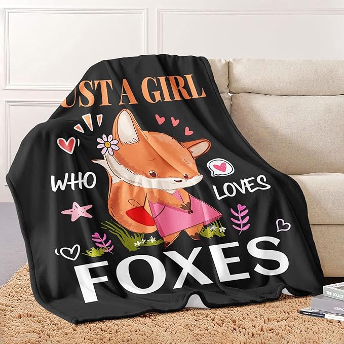 Fox Lover Blanket, Just A Girl Who Loves Foxes Blanket, Soft Warm Cozy Fleece Throw, Gifts for Girls Women Kids, 60"x80", Black