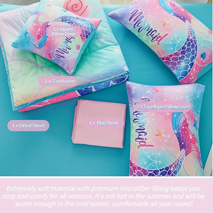RYNGHIPY Mermaid Queen Kids Bedding Set, Rainbow Comforter Set with Sheets, 6 Pieces Teen Girls Bed in a Bag