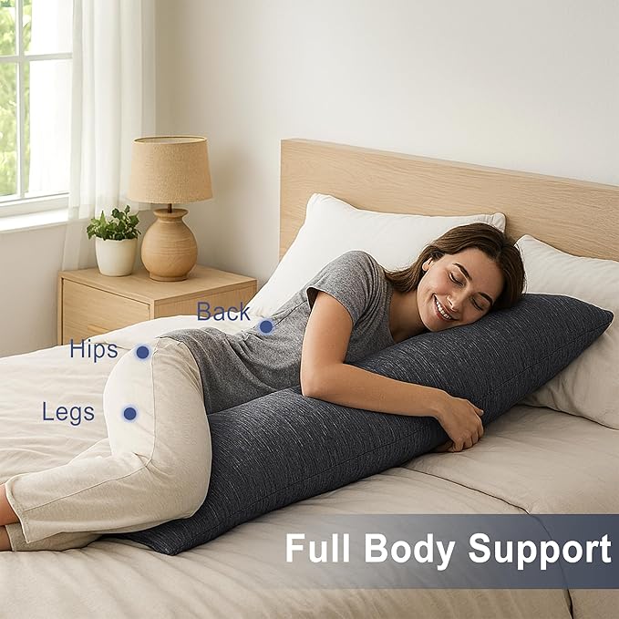 DWCN Cooling Body Pillow for Adults, 20x60 Inch Grey - Shredded Memory Foam Body Pillow with Removable & Adjustable Filling, Full Body Support for Side Sleepers, Pregnancy & Pain Relief