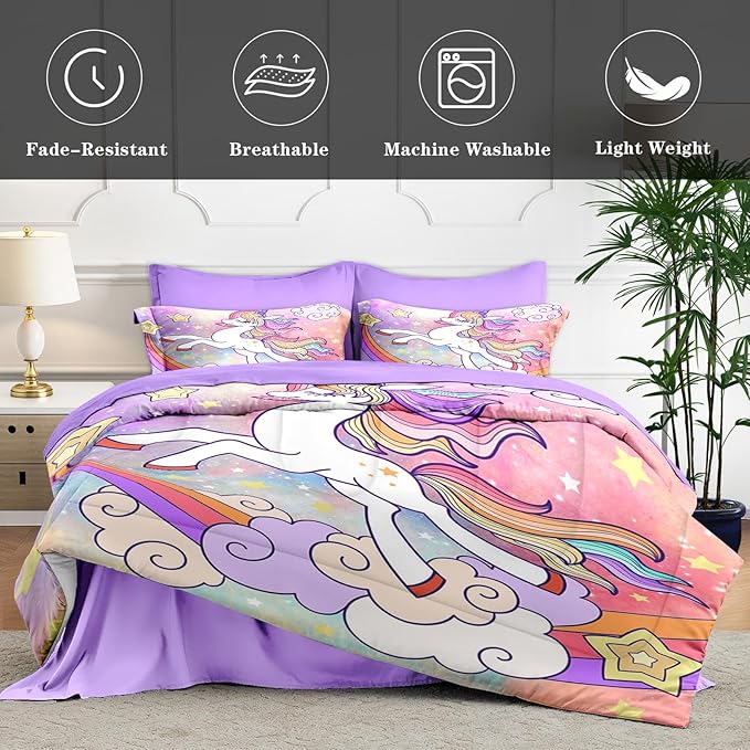 Queen Size Comforter Set with 2 Pillowcases & 2 Shams, Cute Animal Unicorn 7 Pcs Bedding for Kids and Teens, Rainbow Girls Love Bed in a Bag with Flat Fitted Sheet