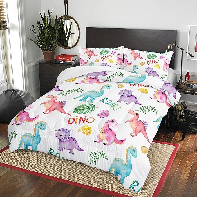 Cartoon Dinosaur Comforter Set Full 3Pc Kawaii Dinosaur Bedding Set All Season with Tree, Leaf Decoration Includes 1 Comforter, 2 Pillowcases for Kids Girls Teens