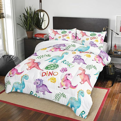 Cartoon Dinosaur Comforter Set Queen 3Pc Kawaii Dinosaur Bedding Set All Season with Tree, Leaf Decoration Includes 1 Comforter, 2 Pillowcases for Kids Girls Teens