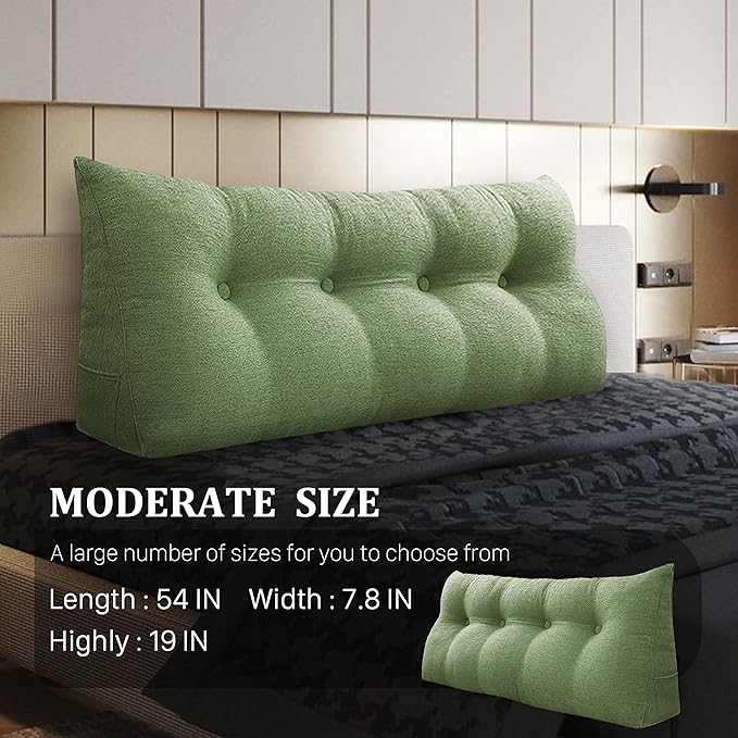 Wedge Headboard Pillow Dorm Room Reading Pillow Back Support for Sitting Up in Bed Bolster Lumbar Cushion Body Positioning Bedrest Cotton Linen 54in Grass Green Full