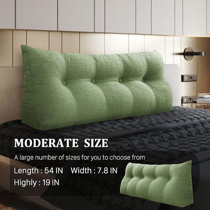 Wedge Headboard Pillow Dorm Room Reading Pillow Back Support for Sitting Up in Bed Bolster Lumbar Cushion Body Positioning Bedrest Cotton Linen 54in Grass Green Full