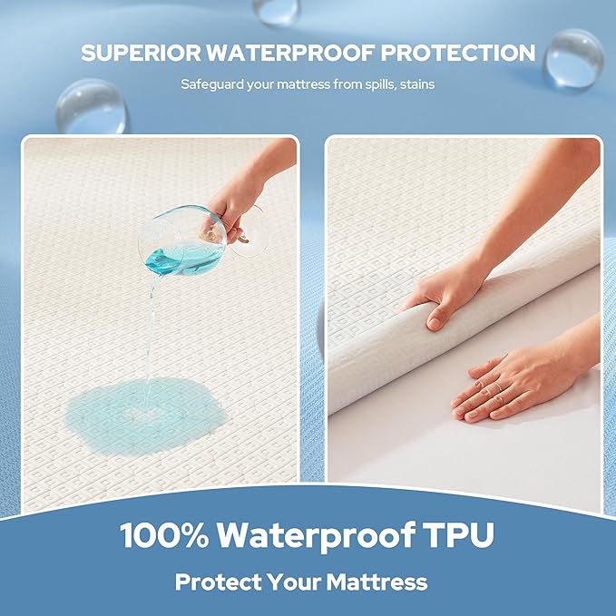 BEDLORE Queen Mattress Protector, Waterproof Noiseless Mattress Cover with Deep Pocket for 6-18 inches Mattress, Soft Breathable Mattress Pad Machine Washable (White)