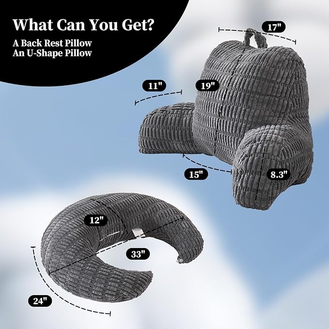 Back Pillow for Bed Sitting Up,U Shaped & Back Support Pillow for Bed,19" Backrest with Lumbar & Arm Support,Comfy Corduroy Fabric,Lap Pillow for Gaming/Reading/Watching TV,Gray
